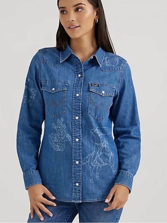 Wrangler Tops - Wrangler Blue Denim Embroidered Western Shirt